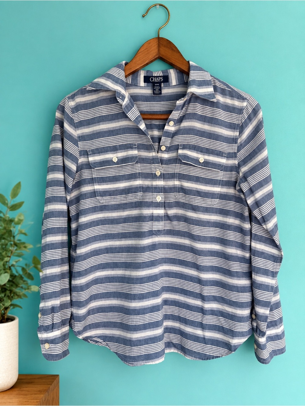 CHAPS Denim Striped Button Down Shirt Blue White Small
